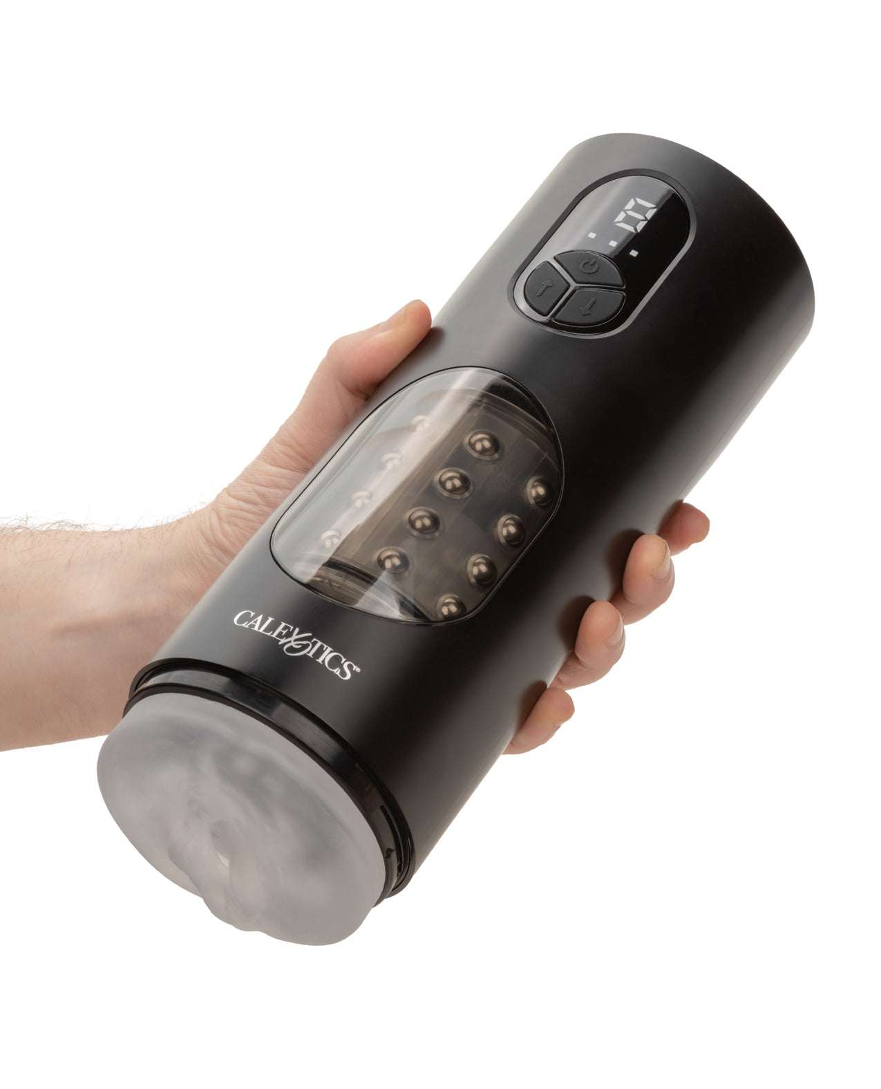 Hand holding a black Bionic Beaded Power Stroker with visible rotating beads and digital controls
