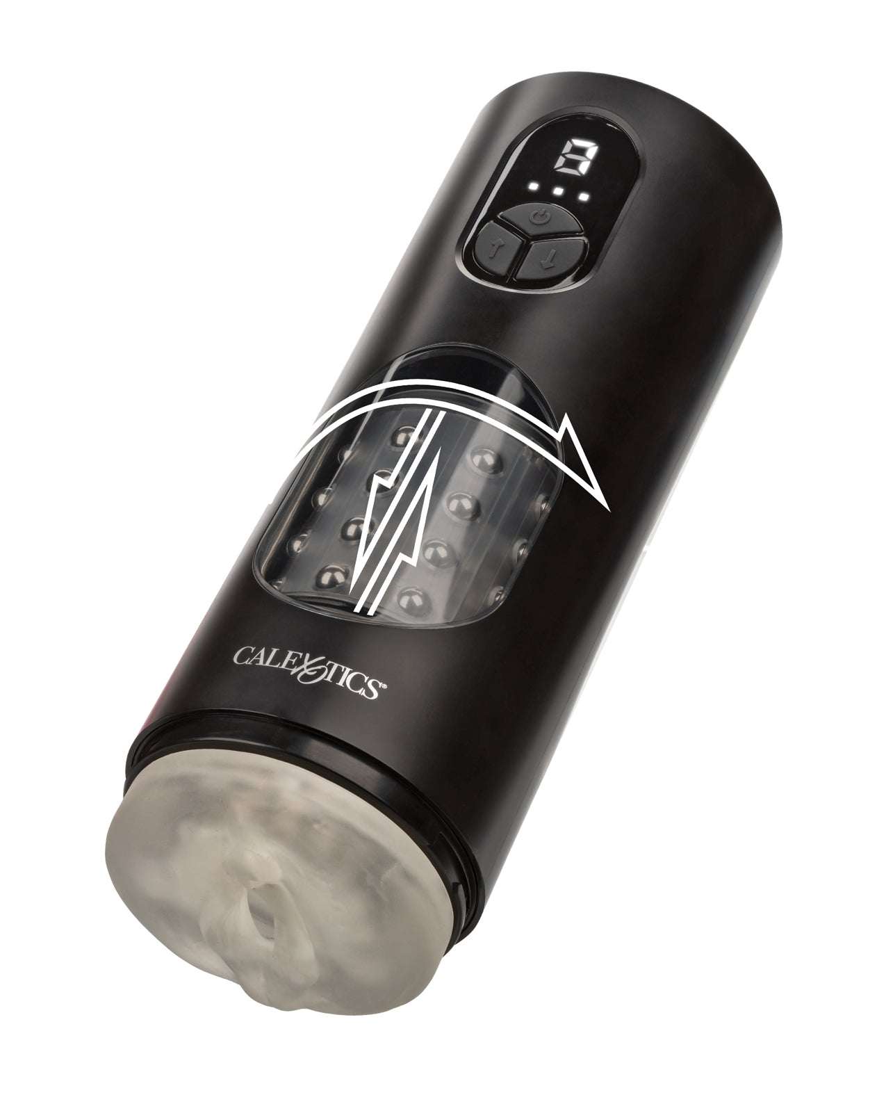 Black Bionic Beaded Power Stroker with rotating beads and digital controls for personalized pleasure