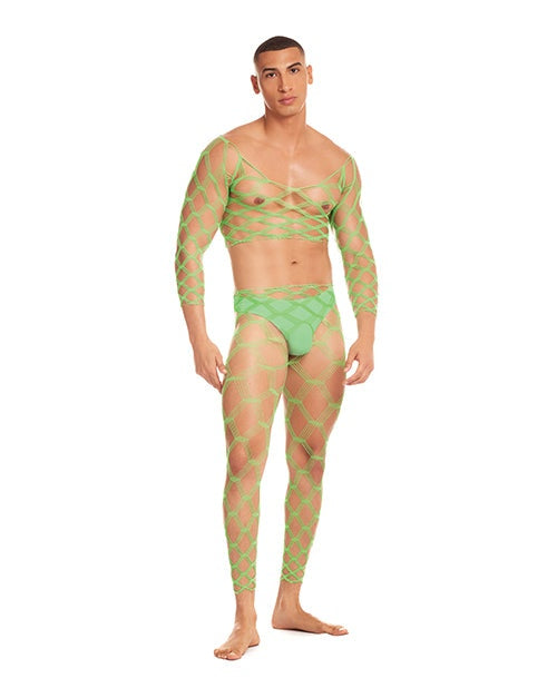 Man wearing Rainbow Party Future Mode 3 pc green fishnet set with bodysuit and matching bottoms in size L/XL.