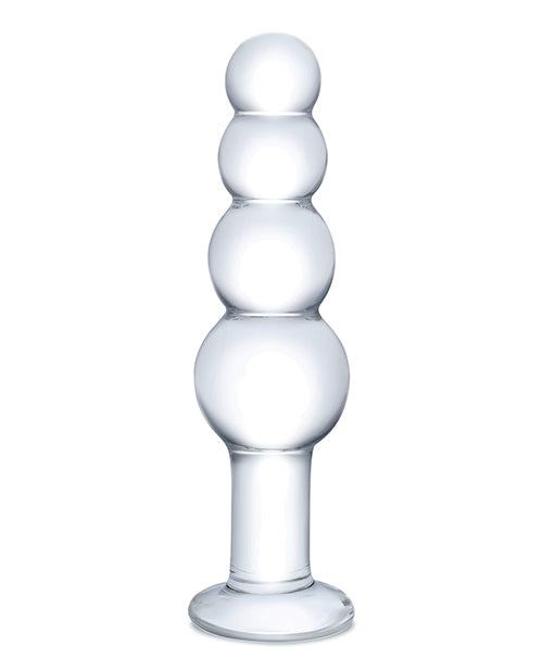 Clear Glas 7.25 inch glass beaded butt plug with graduated smooth beads and flared base for safe anal play