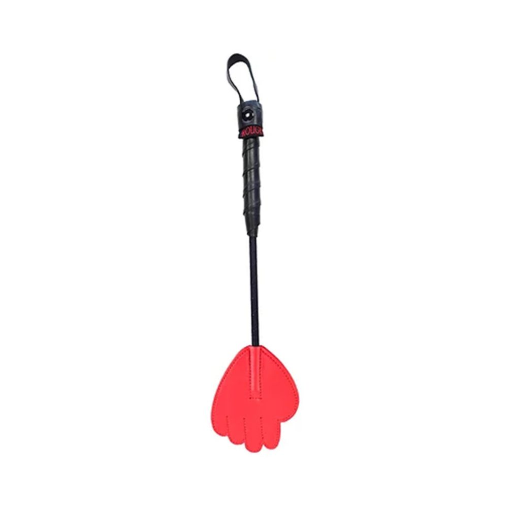 Red mini leather hand riding crop with black ergonomic handle and heart-shaped tip designed for precision and style