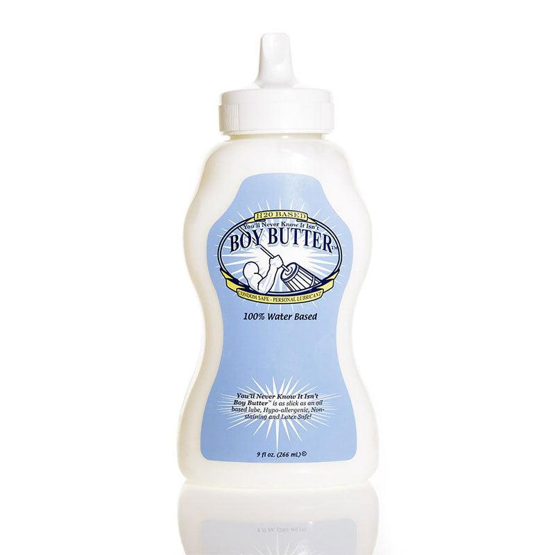 Boy Butter H2O 9oz squeeze bottle of water-based personal lubricant with aloe vera and shea butter for smooth, non-greasy intimate use