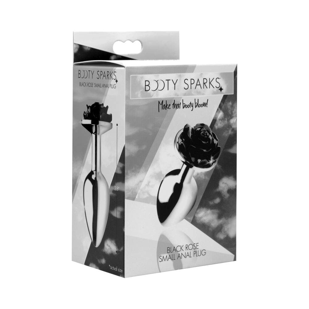 Booty Sparks Black Rose small anal plug with sleek aluminum shaft and decorative black rose base in packaging