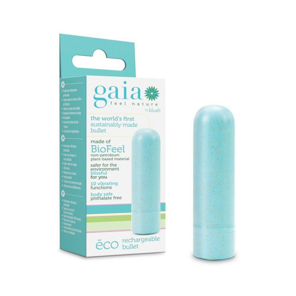 Gaia Eco Rechargeable Bullet Vibrator in aqua made from plant-based BioFeel material with 10 vibration functions and USB rechargeable.
