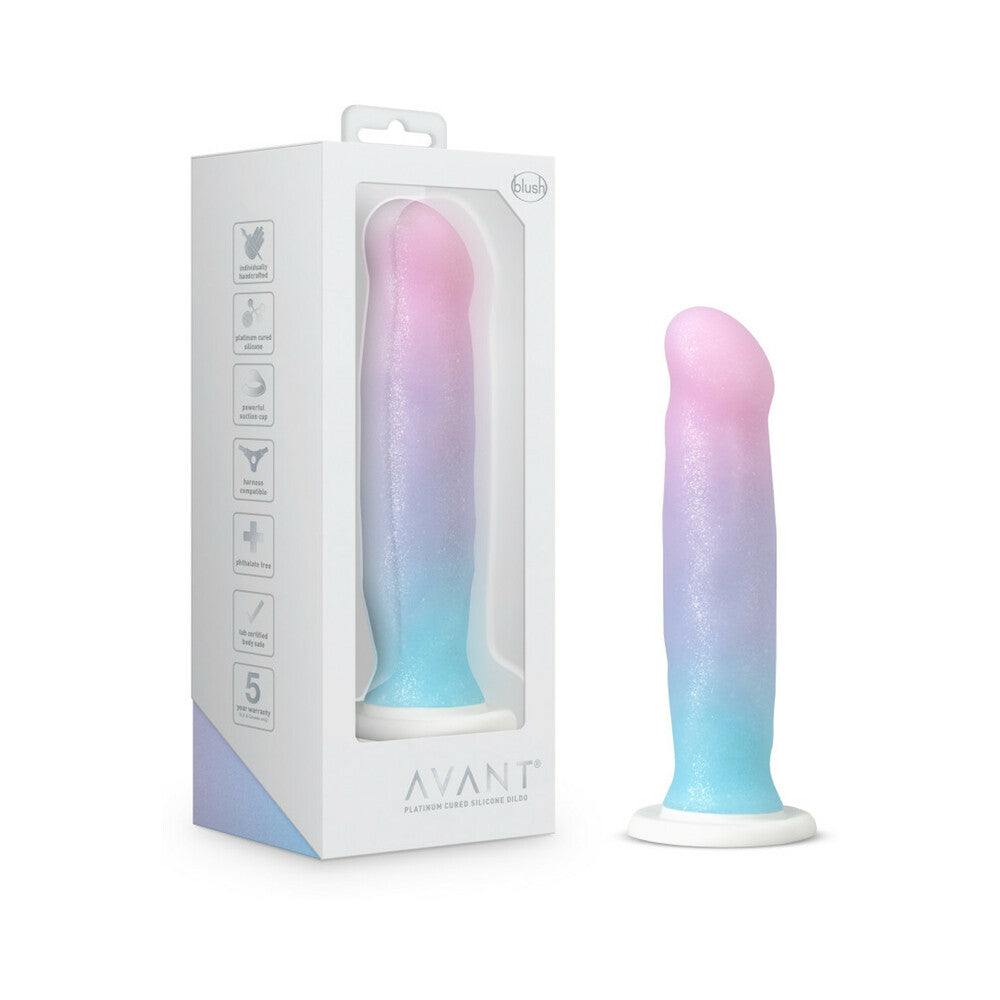 Avant D17 Lucky 8-inch silicone dildo with gradient pastel colors and suction cup base next to its packaging box
