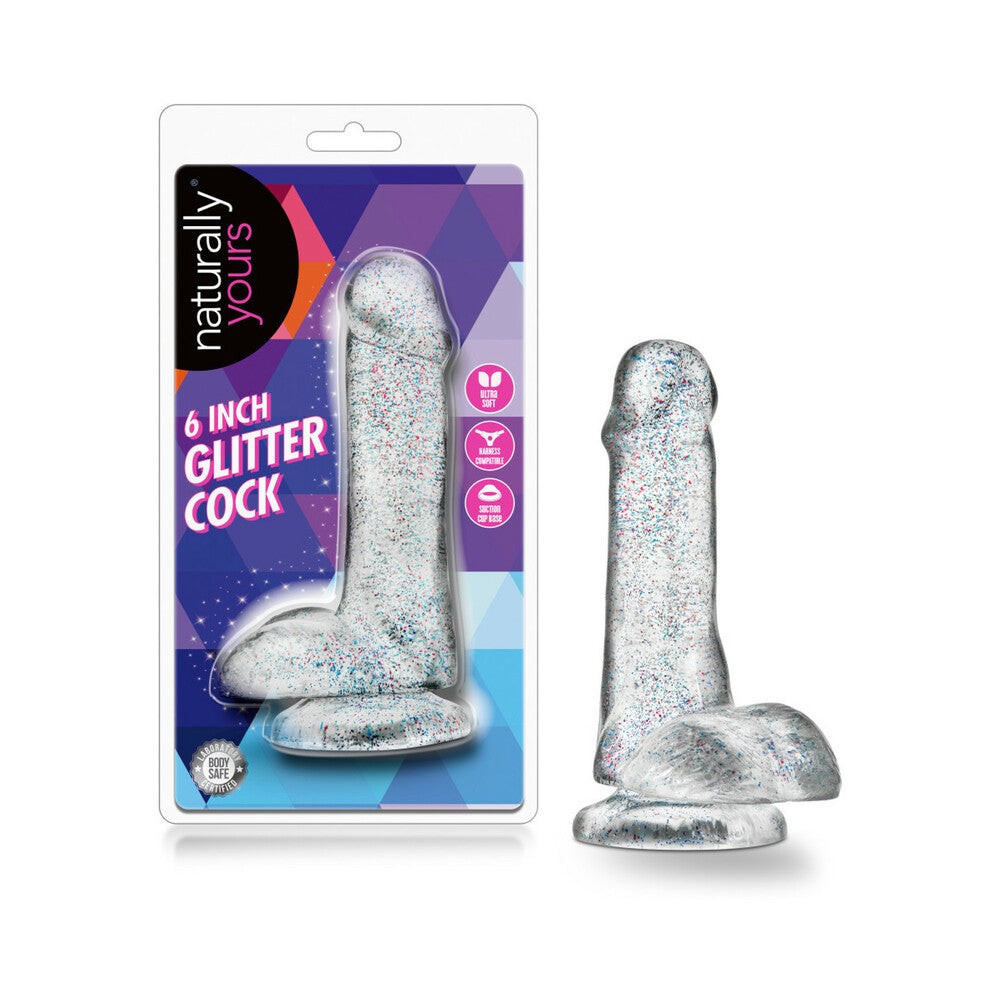 Naturally Yours 6 inch glitter clear realistic dildo with balls and suction cup base in packaging and standalone.