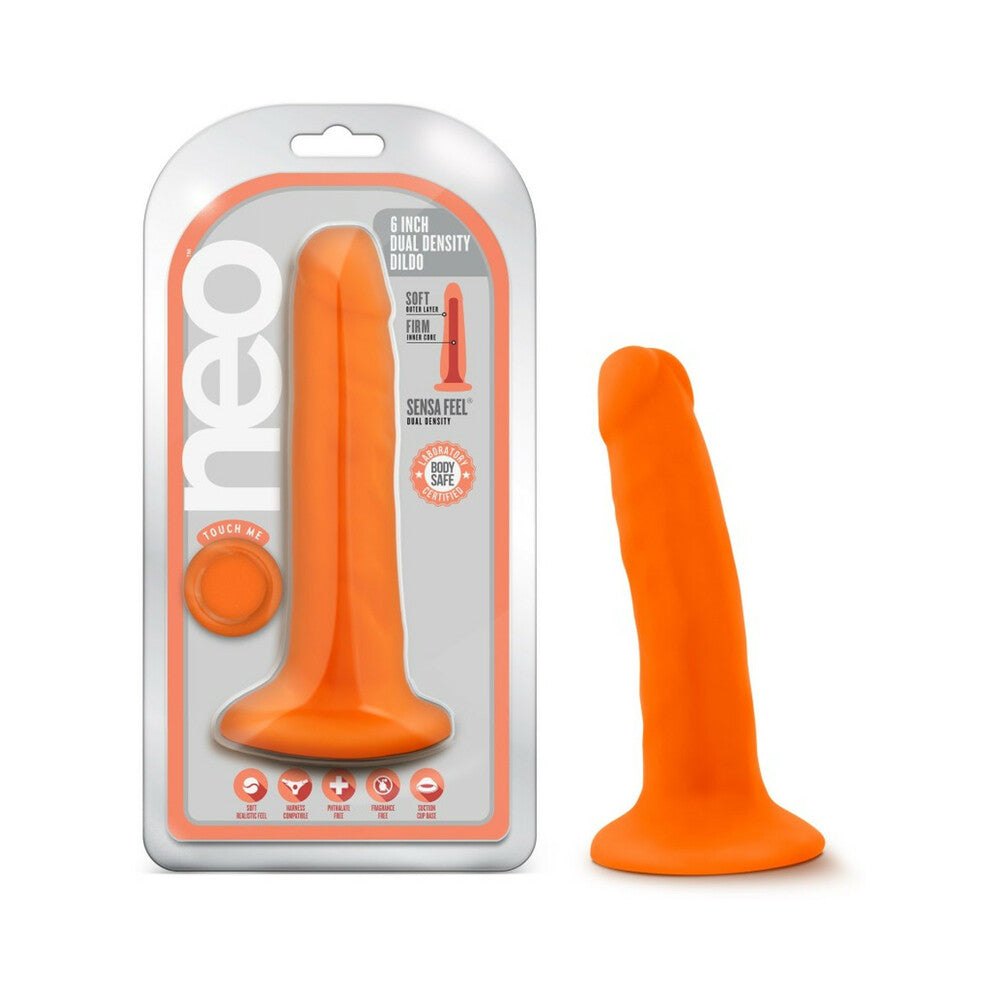 Neo 6 inch dual density dildo in vibrant neon orange with suction cup base for hands-free use.