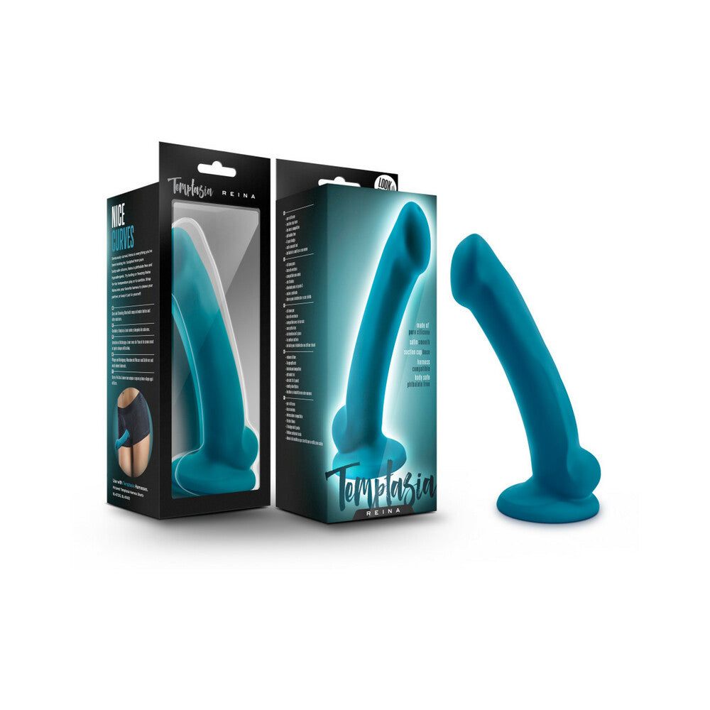 Temptasia Reina 7 inch teal silicone dildo with suction cup base and realistic design for G-spot and prostate stimulation