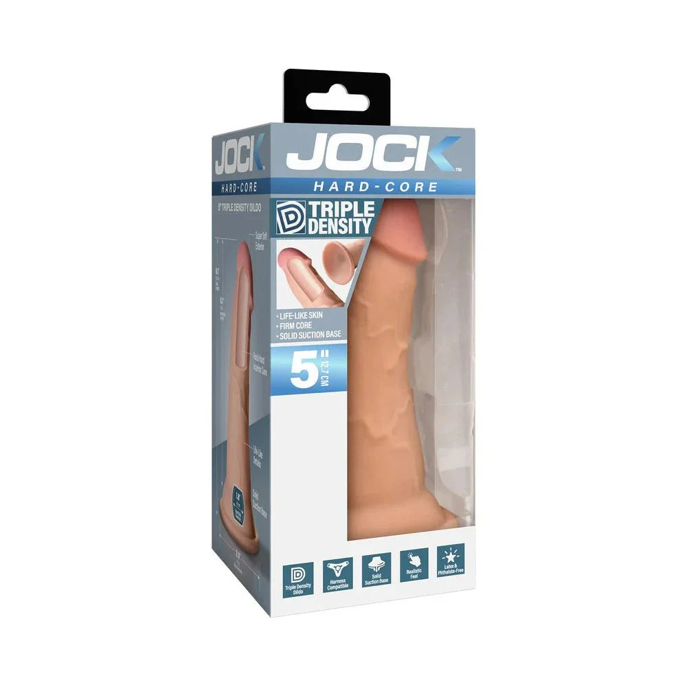 Hard-Core Triple Density Dildo with realistic veiny shaft, firm inner core, soft outer layers, slightly curved shape, and flanged base for harness compatibility.
