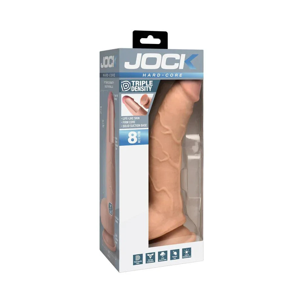 JOCK Hard-Core 8 in. triple density dildo with realistic veiny shaft, slight bend, mushroom head, balls, and wide flanged base in clear packaging.