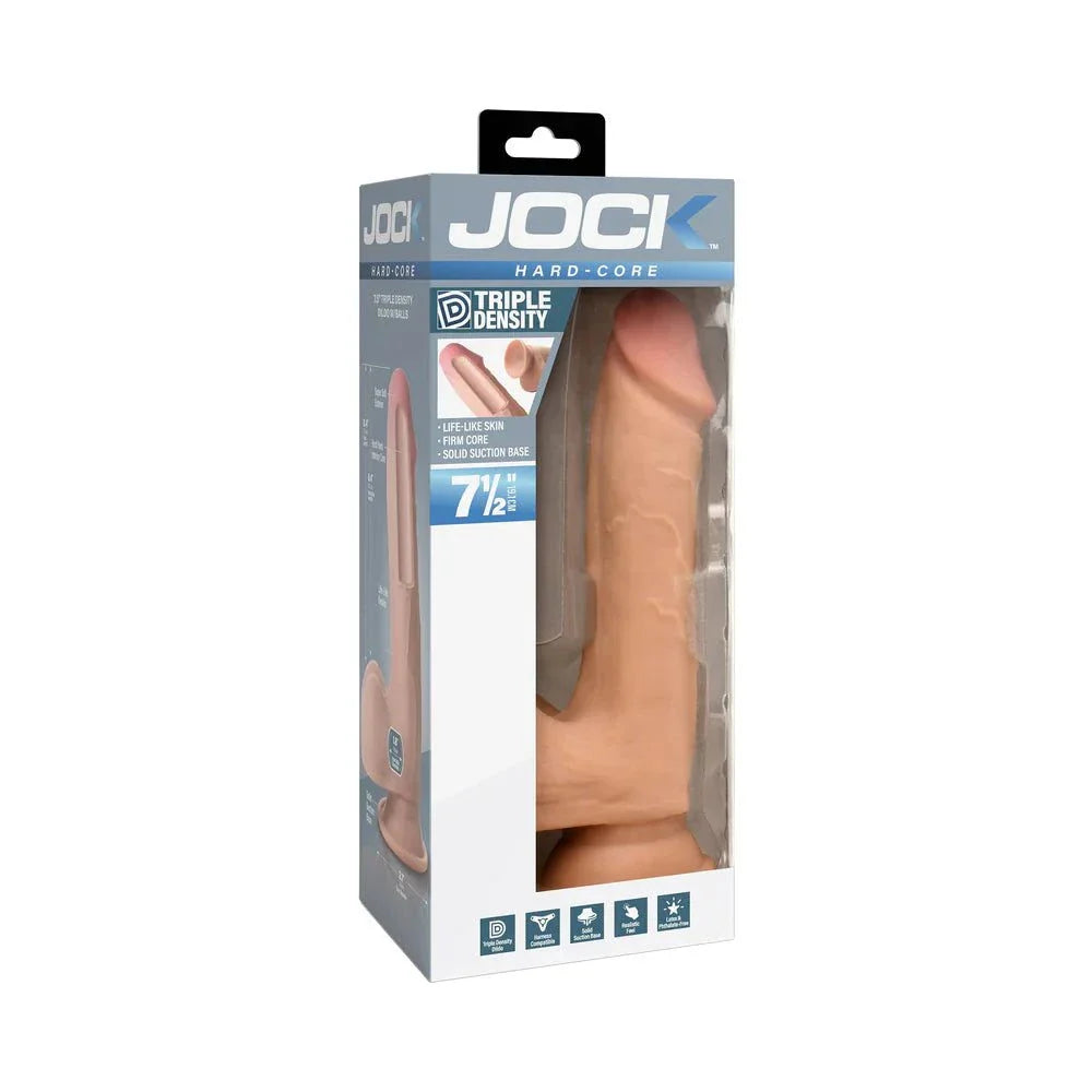 JOCK Hard-Core 7.5 in. triple density dildo with balls, realistic veiny design, slight bend, phthalate-free body-safe rubber, harness compatible.