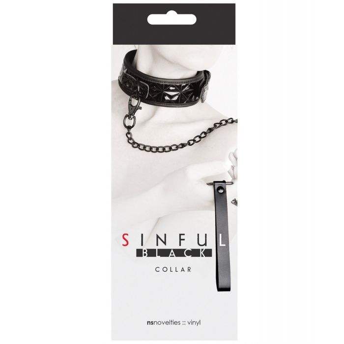 Black adjustable Sinful Collar with chain leash for playful kink and bondage.
