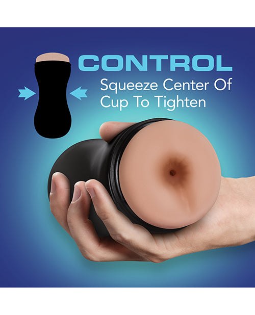 Blush Coverboy The Surfer Dude beige pocket stroker with adjustable suction held in hand for control demonstration