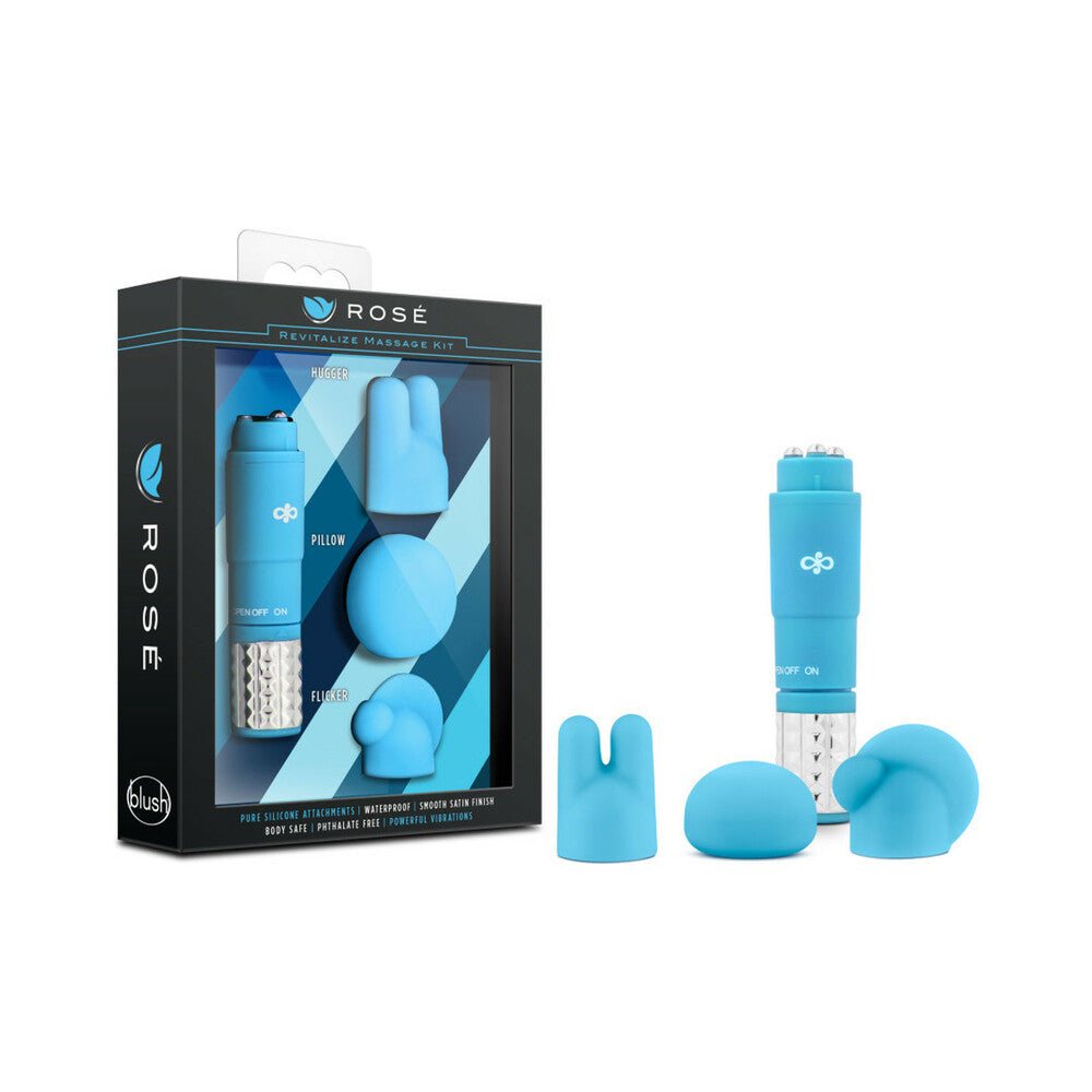 Rose Revitalize Massage Kit with Mini Vibrator & 3 Silicone Attachments Blue by Vibrators and Massagers