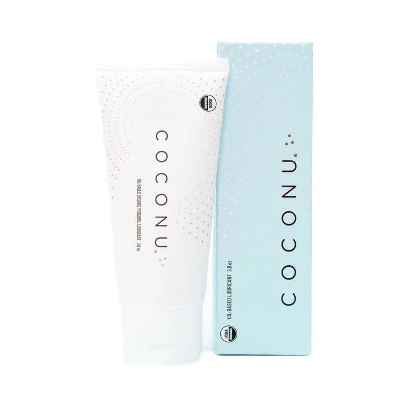 Coconu Oil-Based Organic Personal Lubricant 3 oz tube with blue packaging, natural and hypoallergenic formula for intimate care and massage.