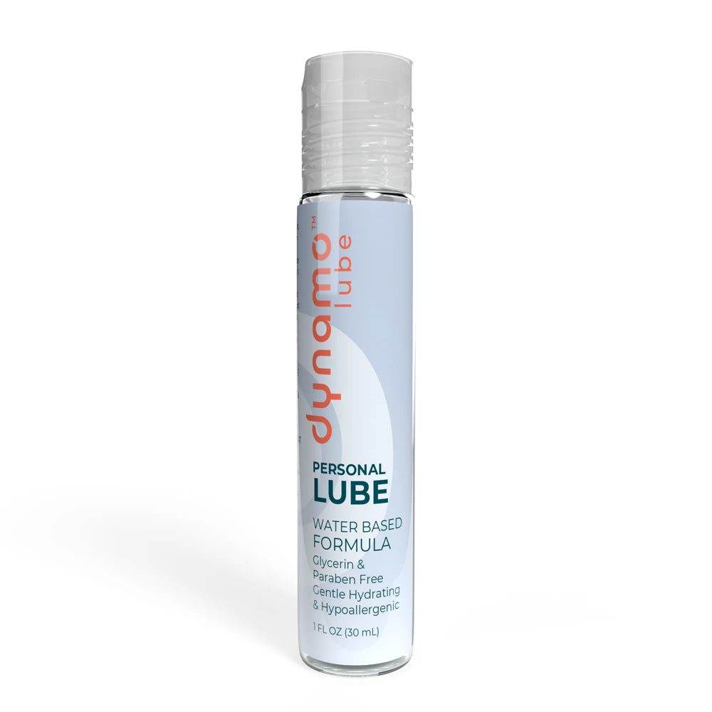 Dynamo Lube Water-Based Formula 1oz bottle, glycerin and paraben-free personal lubricant with gentle, hydrating, and hypoallergenic formula.
