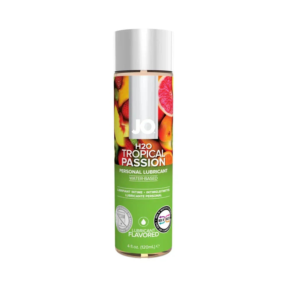 JO H2O Tropical Passion water-based flavored lubricant 4 oz bottle with tropical fruit design
