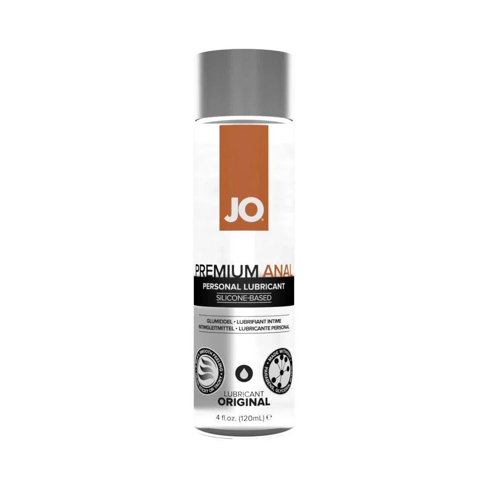 JO Premium Anal silicone-based personal lubricant 4 oz bottle with clear liquid and silver cap