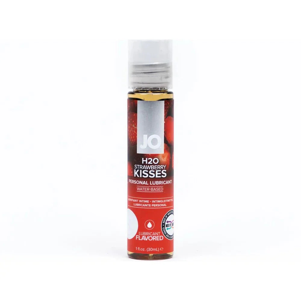 JO H2O Strawberry Kisses flavored water-based personal lubricant 1 oz bottle with strawberry design