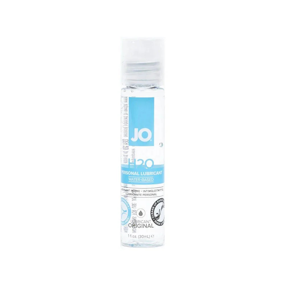 JO H2O Original Water-Based Lubricant 1oz clear bottle with blue label designed for smooth, safe, and hydrating intimate use.