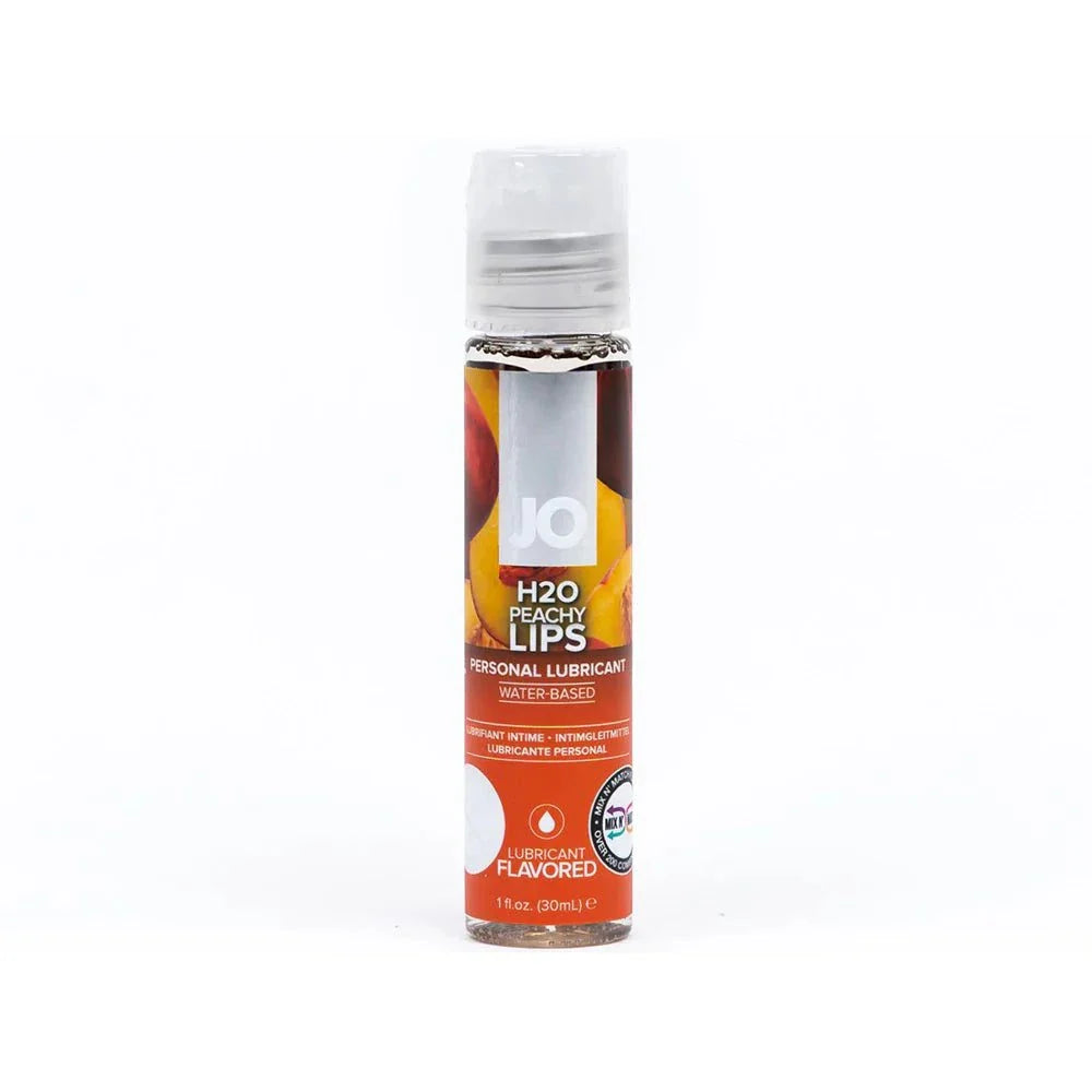 JO H2O Peachy Lips 1 oz flavored water-based personal lubricant bottle with peach design
