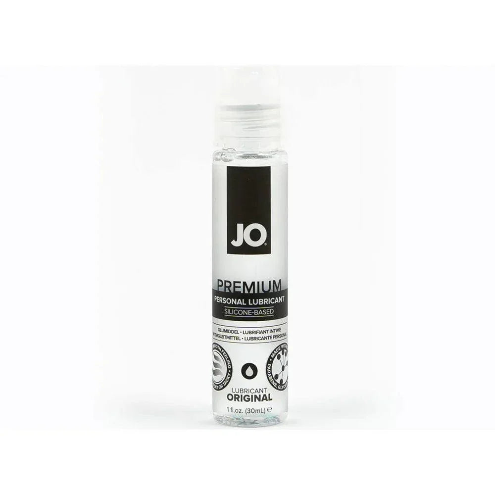 JO Premium Original Silicone-Based Lubricant 1oz bottle with clear silicone formula for long-lasting, smooth, water-resistant intimate use.