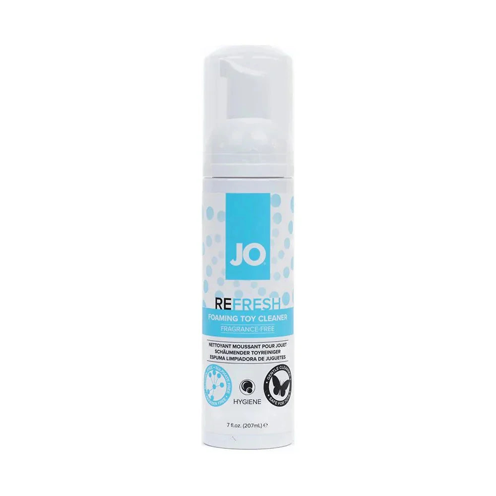 JO Refresh Foaming Toy Cleaner 7 oz. bottle with pump dispenser for safe and effective toy hygiene.