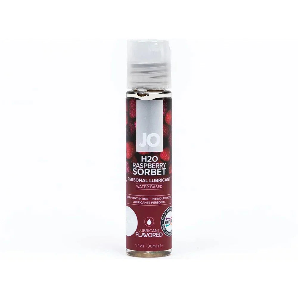 JO H2O Raspberry Sorbet flavored water-based personal lubricant 1 oz bottle with raspberry design