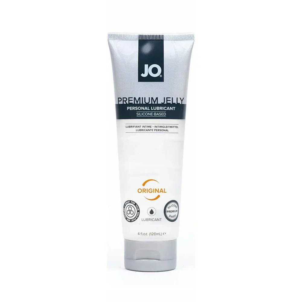 4 oz JO Premium Jelly silicone-based personal lubricant tube with clear and white design