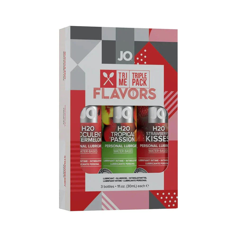 JO Tri Me Triple Pack water-based lubricants with watermelon, tropical passion, and strawberry flavors in 3-pack bottles