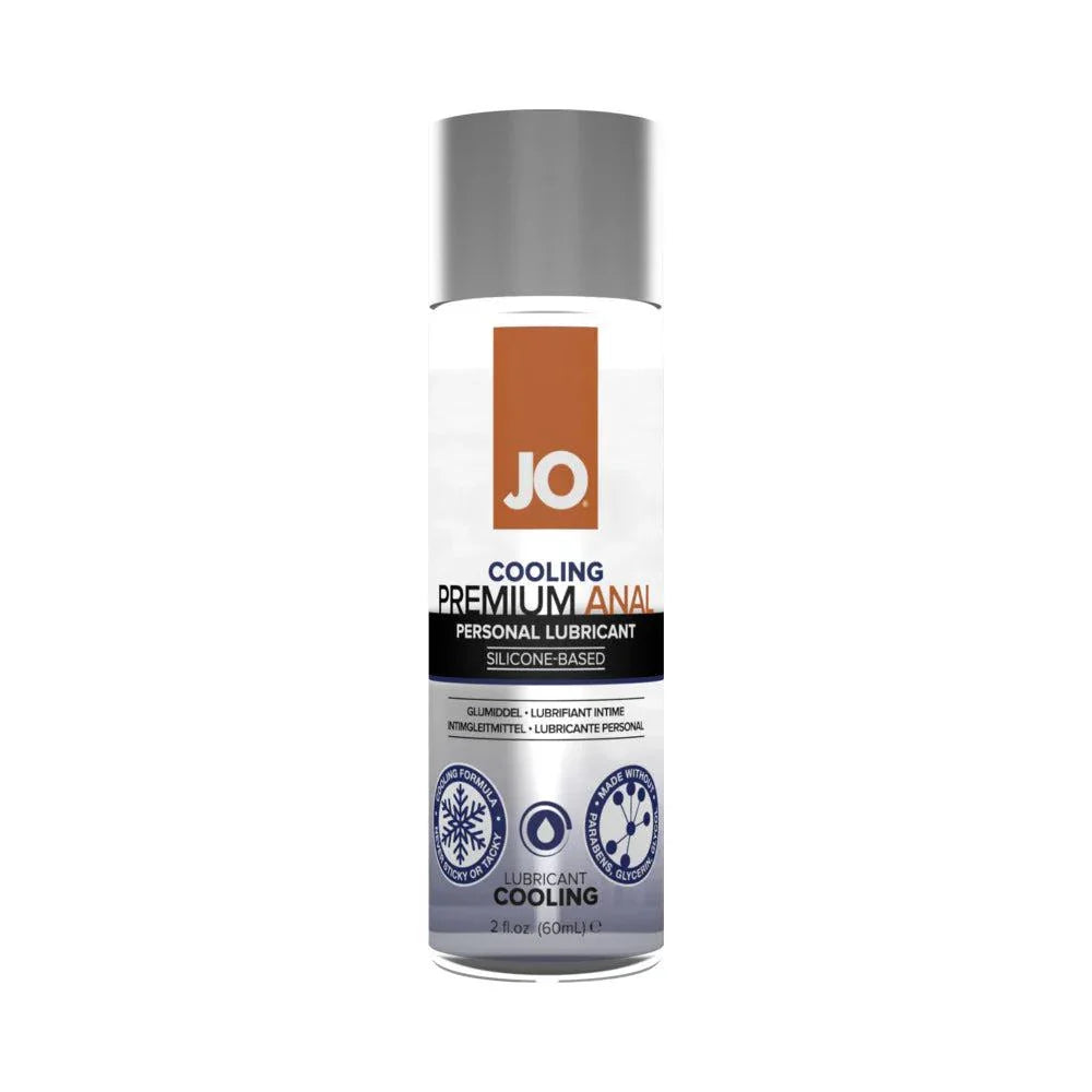 JO Premium Anal Cooling silicone-based personal lubricant 2 oz bottle with menthol cooling effect for enhanced intimate comfort and smooth glide