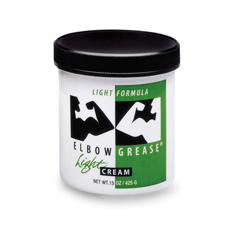 Elbow Grease Light Cream 15oz jar with black lid, premium lightweight lubricant with silky texture and creamy consistency