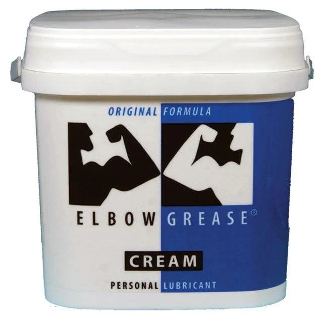 Elbow Grease Original Cream 1/2 gallon personal lubricant in white and blue container for enhanced intimate pleasure and safe use with polyurethane condoms.