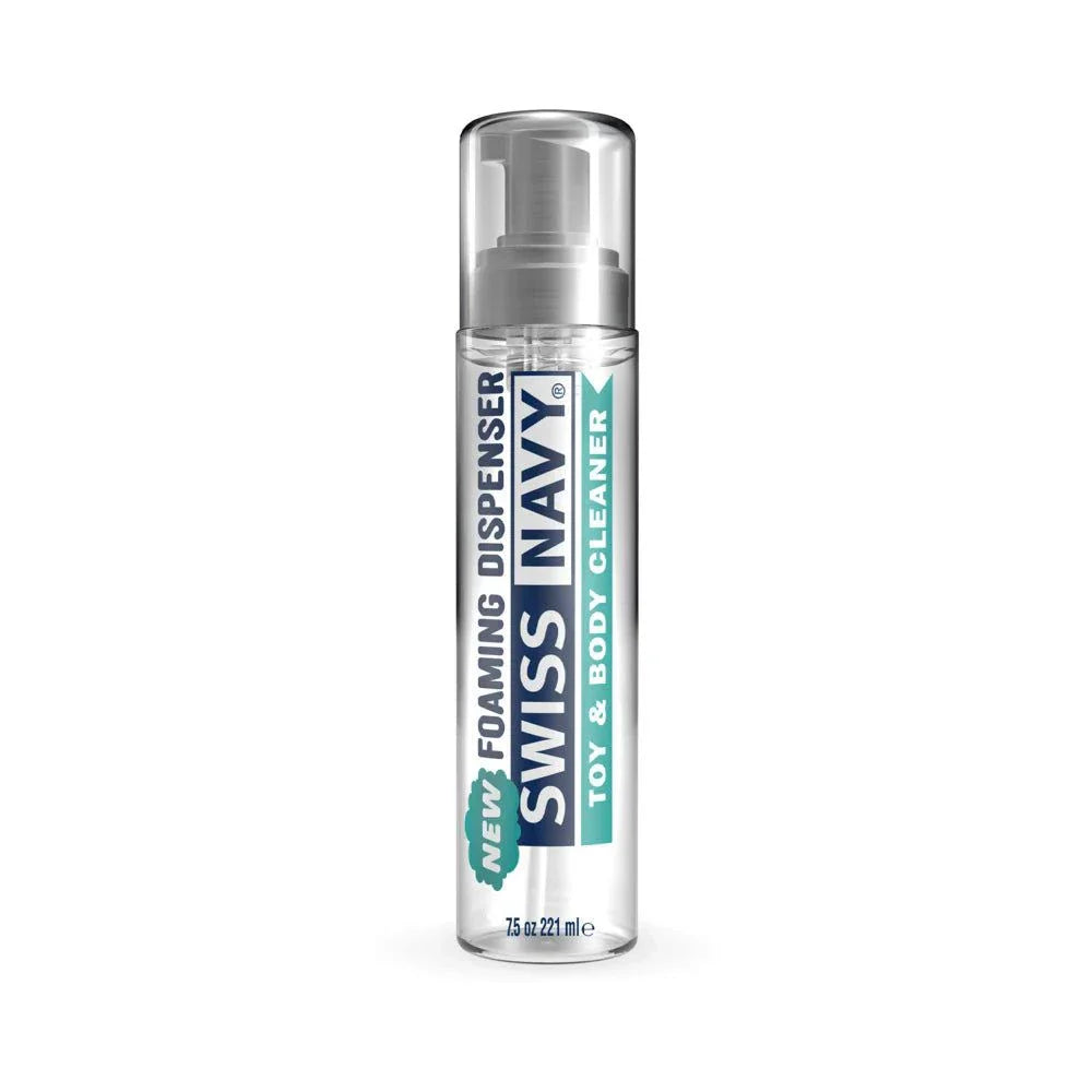 Swiss Navy Toy and Body Cleaner Foamer 7 oz. bottle with transparent foaming dispenser and teal label.