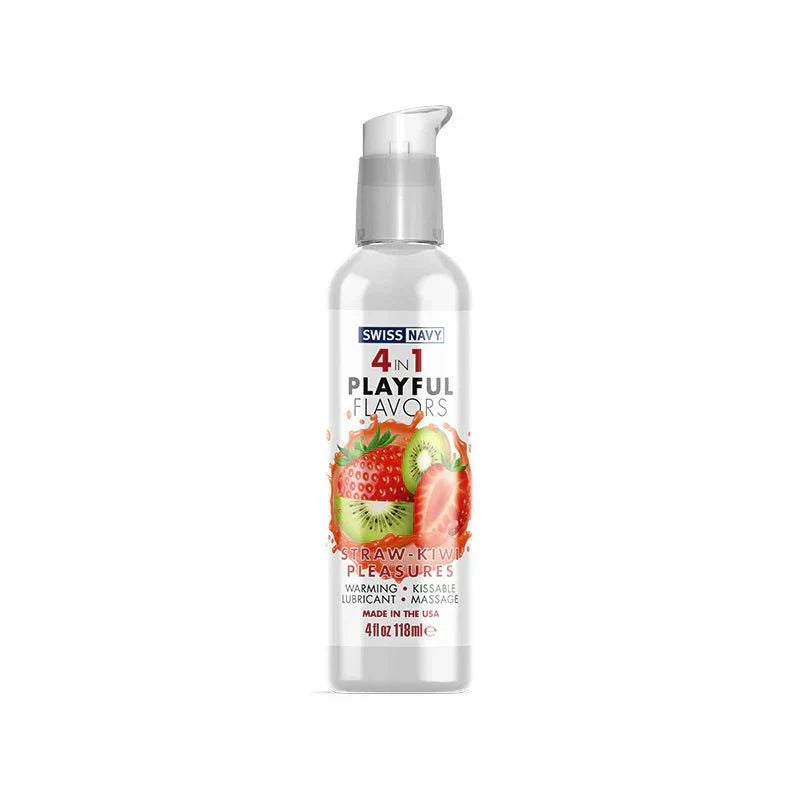 Swiss Navy 4 in 1 Playful Flavors Straw-Kiwi Pleasures 4 oz warming edible lubricant with strawberry and kiwi flavors.