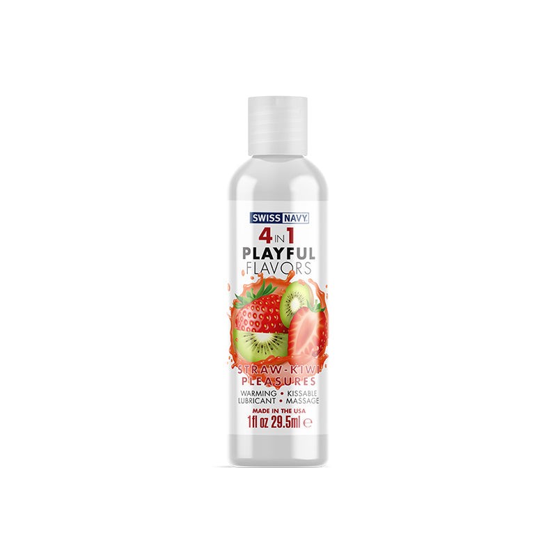 Swiss Navy 4-in-1 Playful Flavors Strawberry Kiwi Pleasures personal lubricant in 1 fl oz bottle with warming, kissable formula, paraben-free and non-sticky