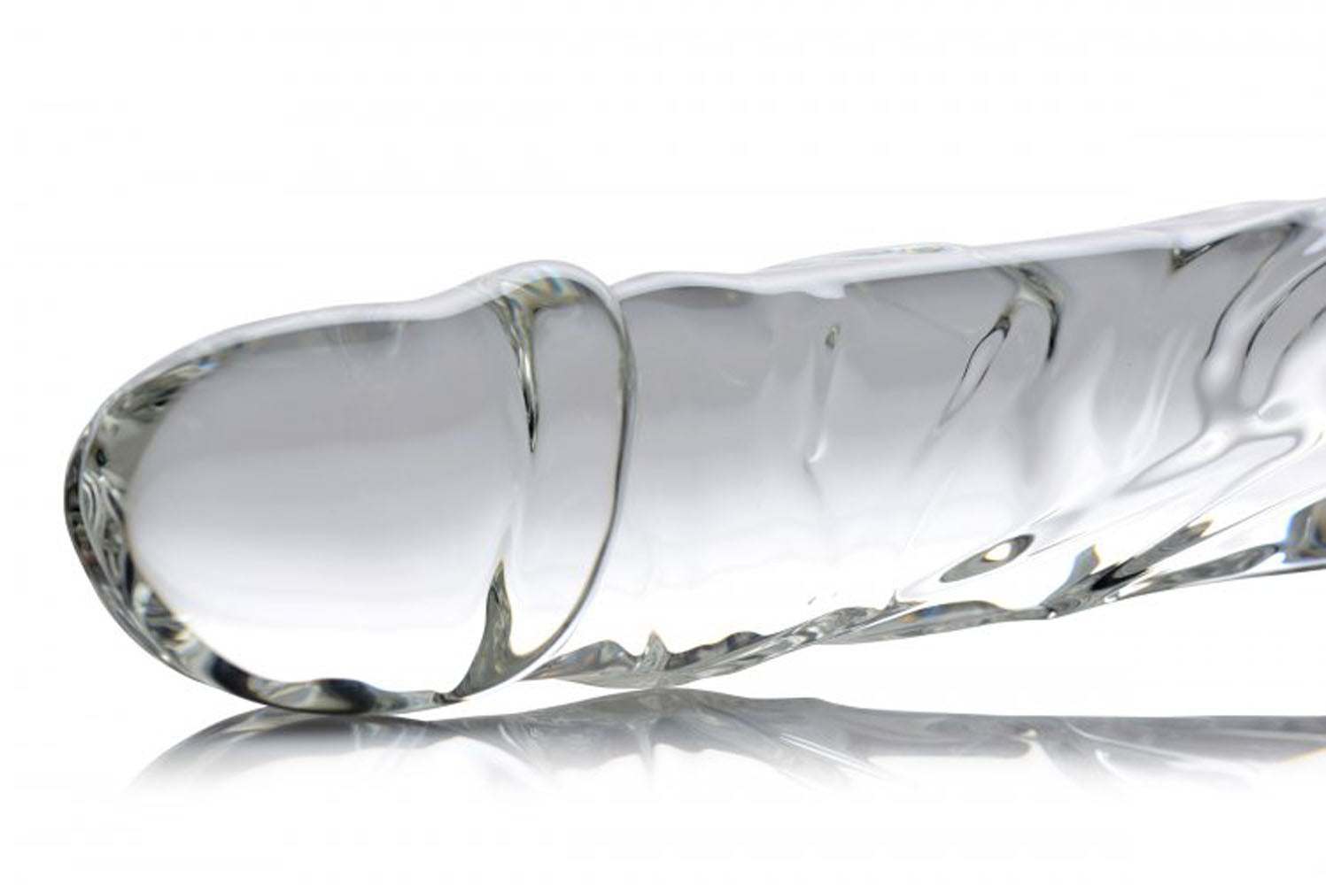 Clear textured Brutus glass dildo with grooved handle for secure grip and unique internal ridges, 6.5 inches insertable length.