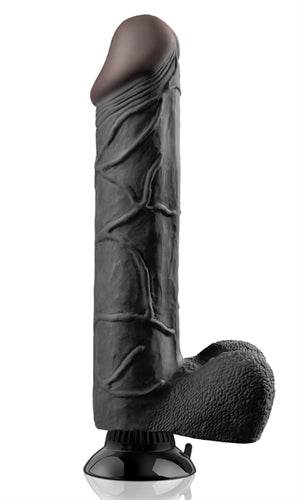 Real Feel Deluxe 12-inch black lifelike dildo with suction cup base and velvet-soft texture