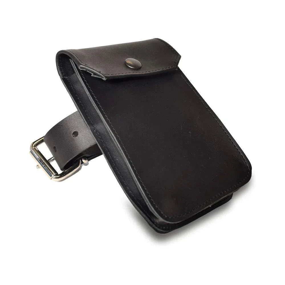black leather large belt pouch with buckle and snap closure