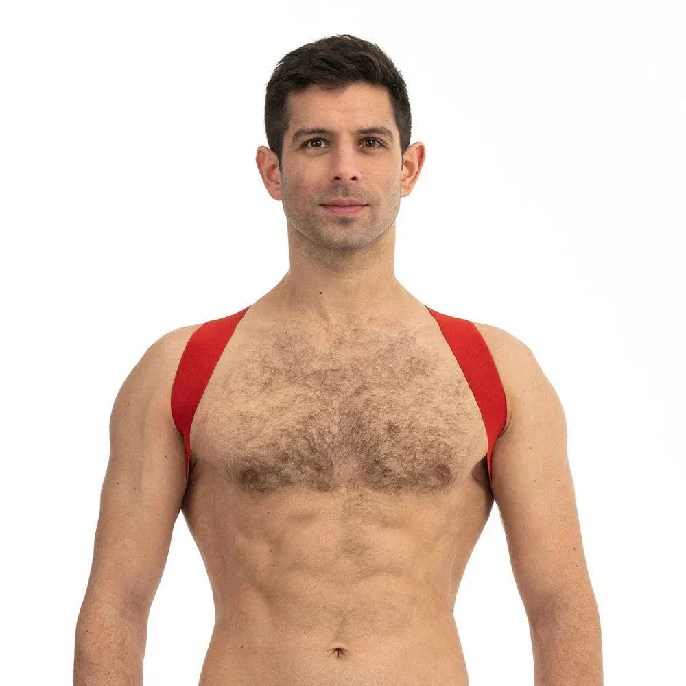 Man wearing Prowler RED Sports Harness in red, designed for active use with breathable, adjustable straps and secure fit.