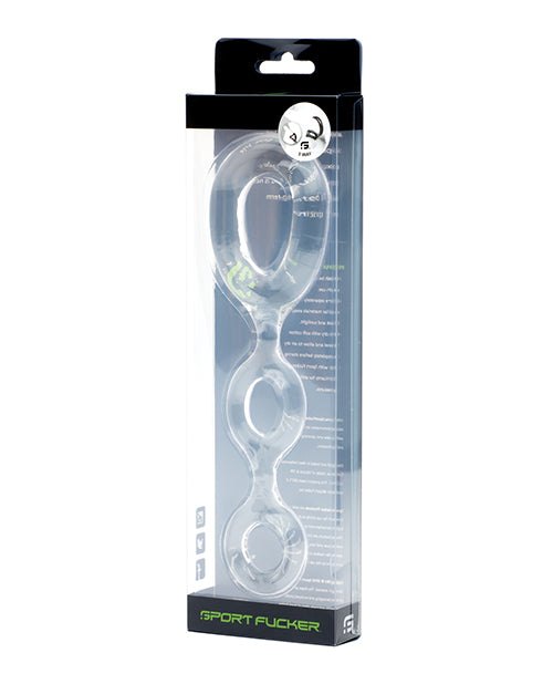 Sport Fucker 3 Way Clear stretchy TPR rubber cock ring and ball stretcher in packaging