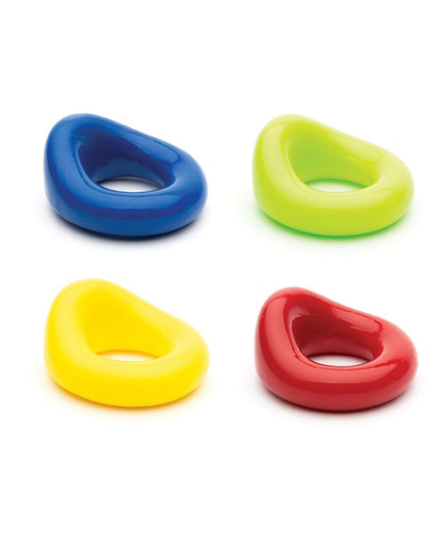 Sport Fucker The Wedge pack of 4 colorful stretchy cockrings in blue, neon green, yellow, and red made from high-quality TPE.