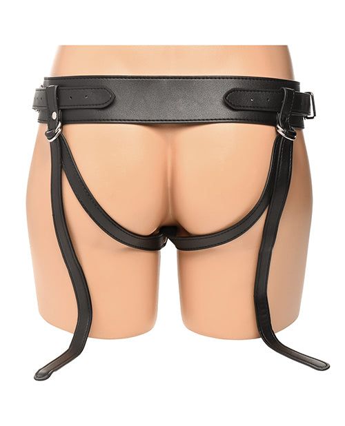 Black adjustable leather harness for Creature Cocks Tentacle dildo with open-back design and flexible rings