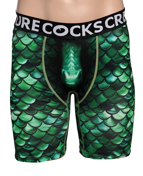 Creature Cocks green scaly monster-themed boxer shorts with breathable mesh pouch and supportive waistband