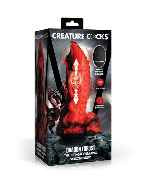 Creature Cocks Dragon Thrust vibrating and thrusting silicone dildo with remote control and suction base.