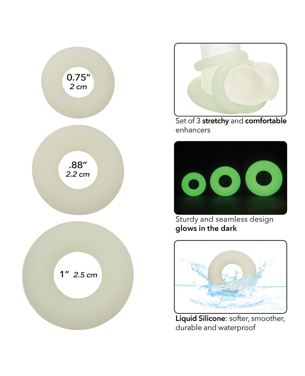Alpha Glow-in-the-Dark Liquid Silicone 3 Ring Set - White