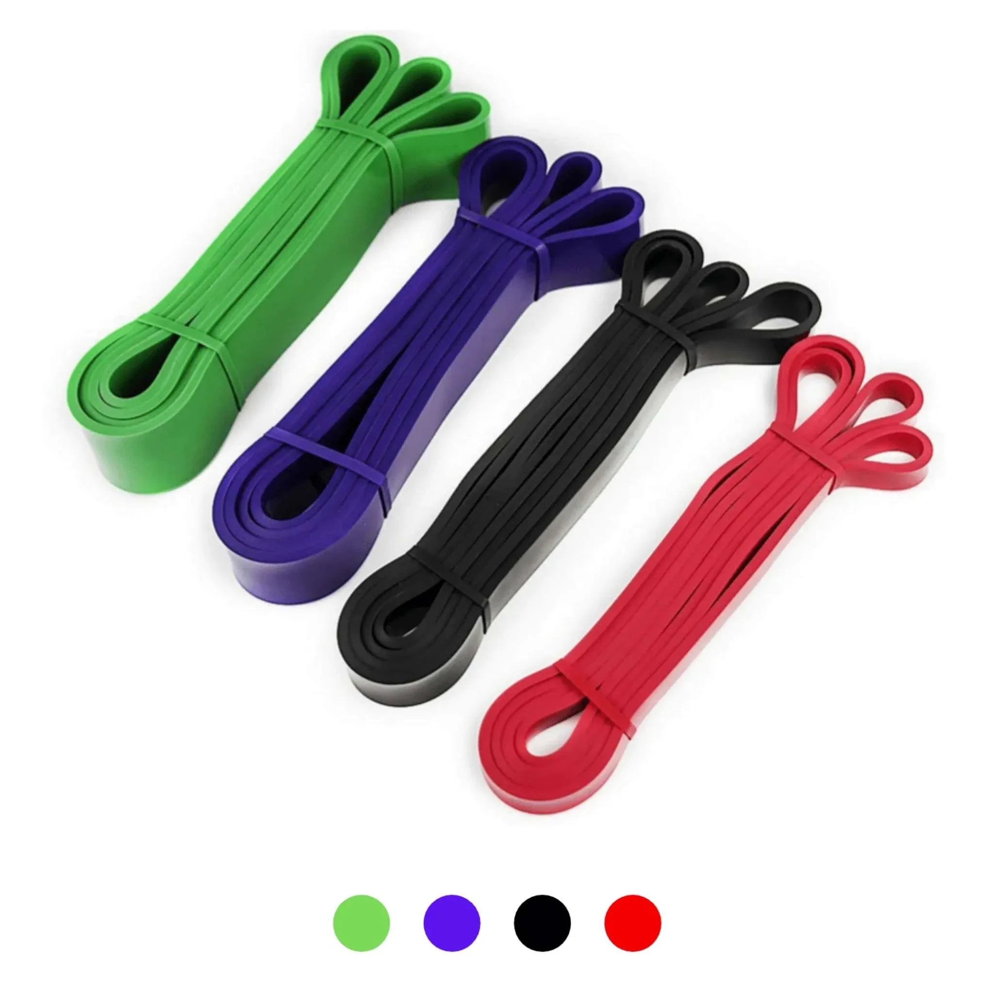 Set of four Powerlifting and Pull Up Exercise Resistance Bands in green, purple, black, and red for varied workout resistance levels.