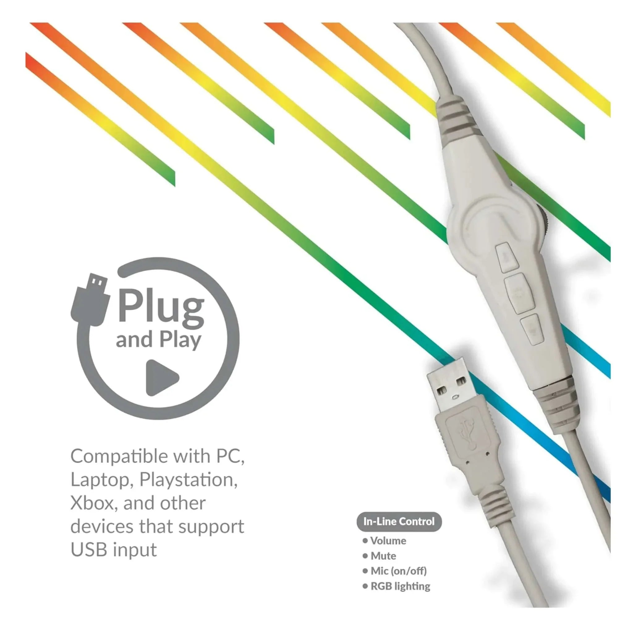Supersonic Pro-Wired Gaming Headset USB plug with in-line control for volume, mute, mic, and RGB lighting compatible with PC, laptop, PlayStation, and Xbox
