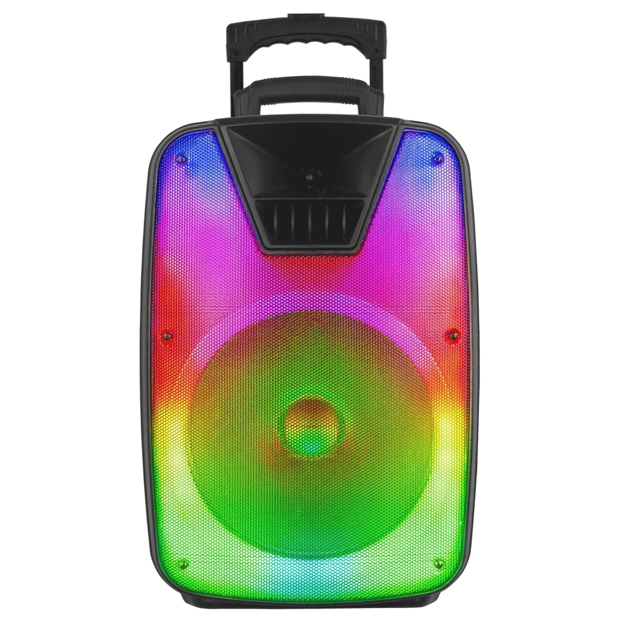 Supersonic 12" Portable Bluetooth DJ Speaker with colorful LED light show, Bluetooth 5.0, TWS technology, 12" woofer, and portable handle with wheels.