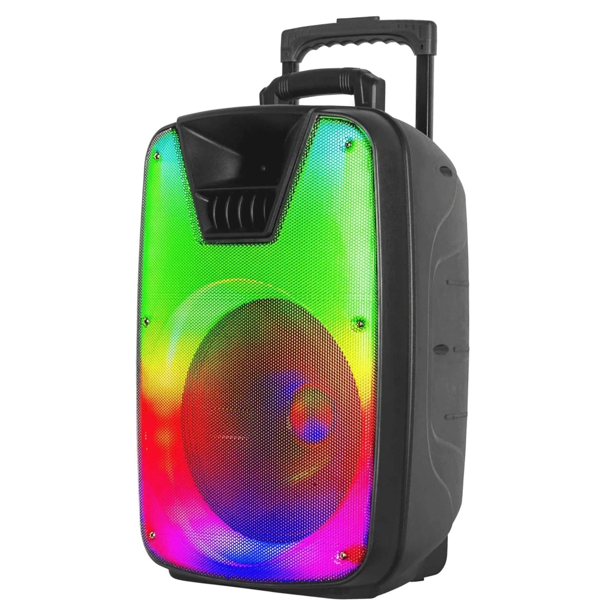 Supersonic 12" portable Bluetooth DJ speaker with colorful LED lights, built-in handle and wheels for easy transport.